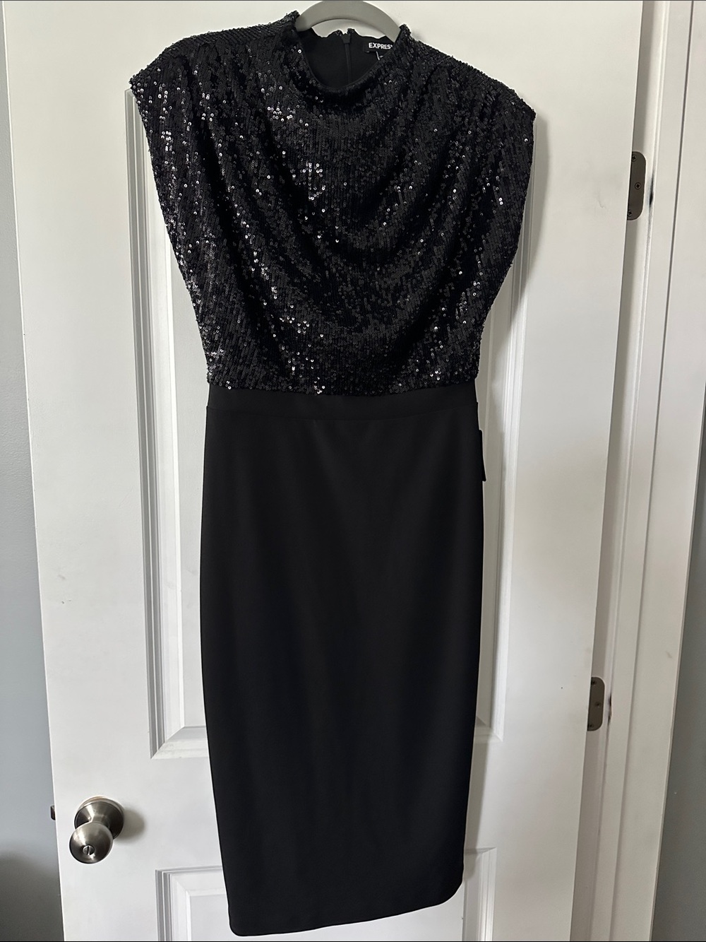 Express Black Sequin Midi Sheath Dress